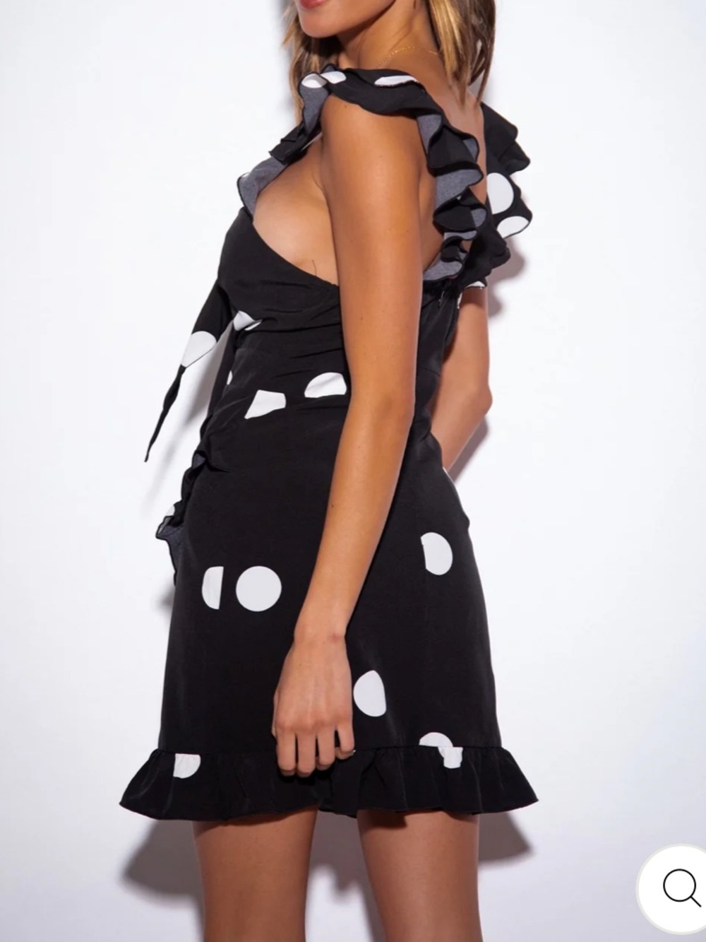 SNDYS. Morocco Mini Dress Black White Polka Dot Front Tie Cutout - Picture 9 of 16